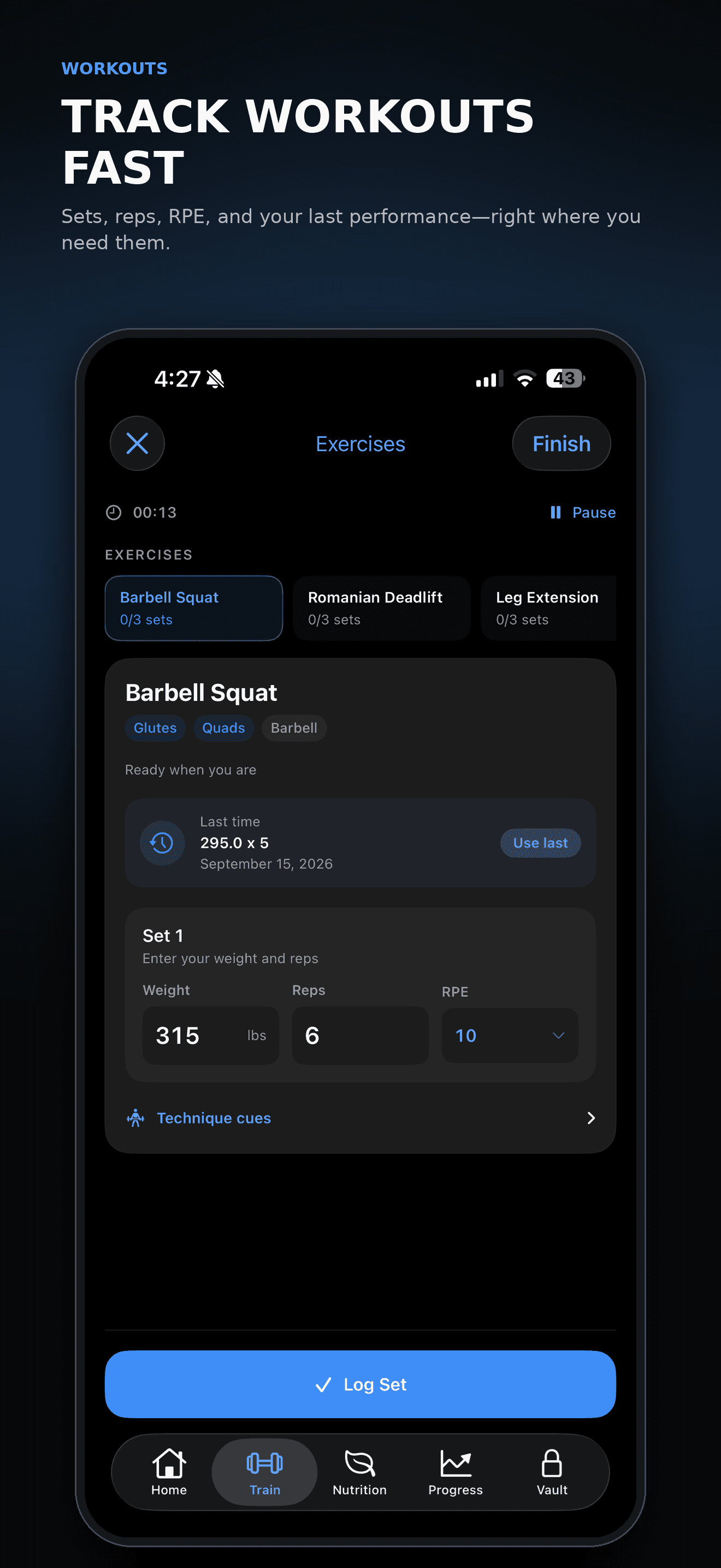 Omi workout screen for logging a barbell squat set with weight, reps, RPE, previous performance, and technique cues
