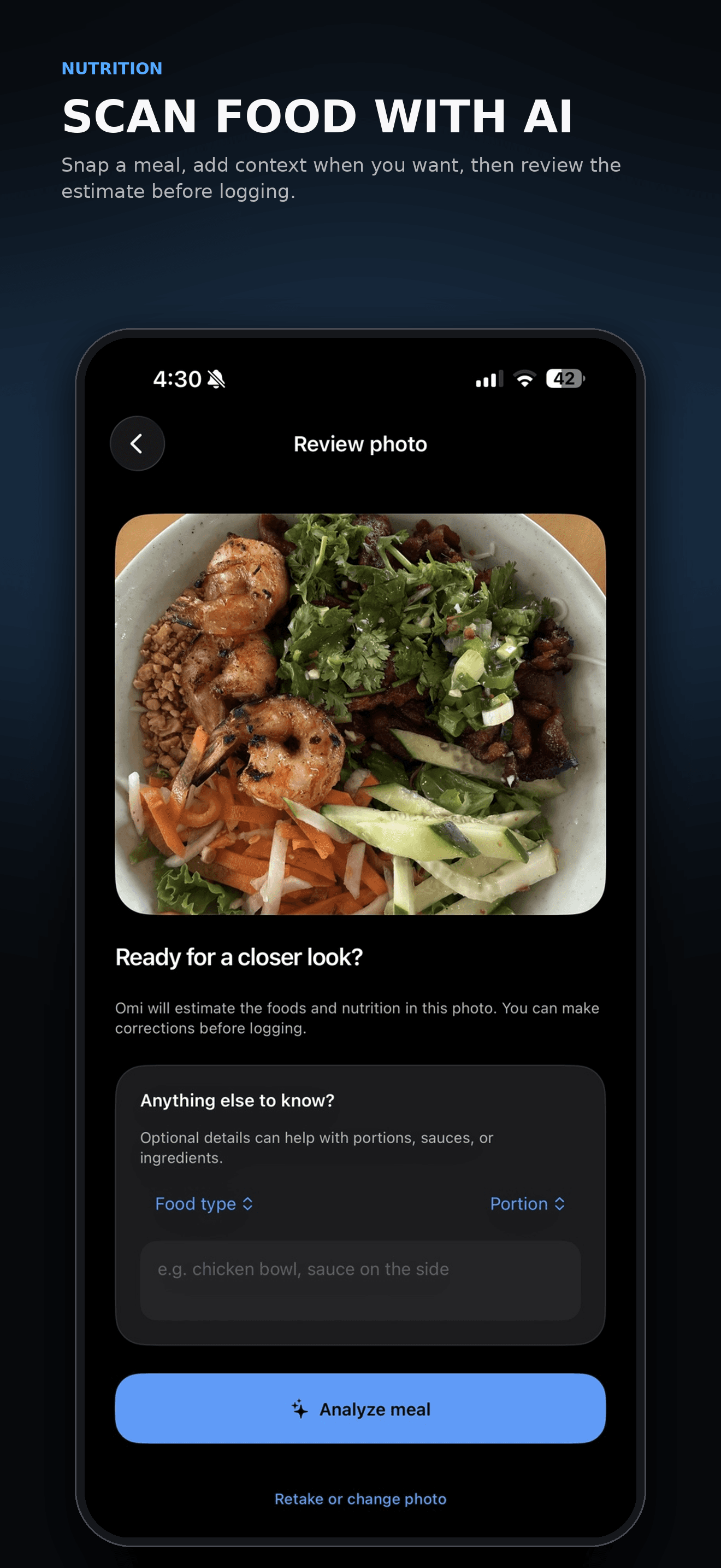 Omi meal photo review screen showing a photographed bowl and optional details before AI nutrition analysis
