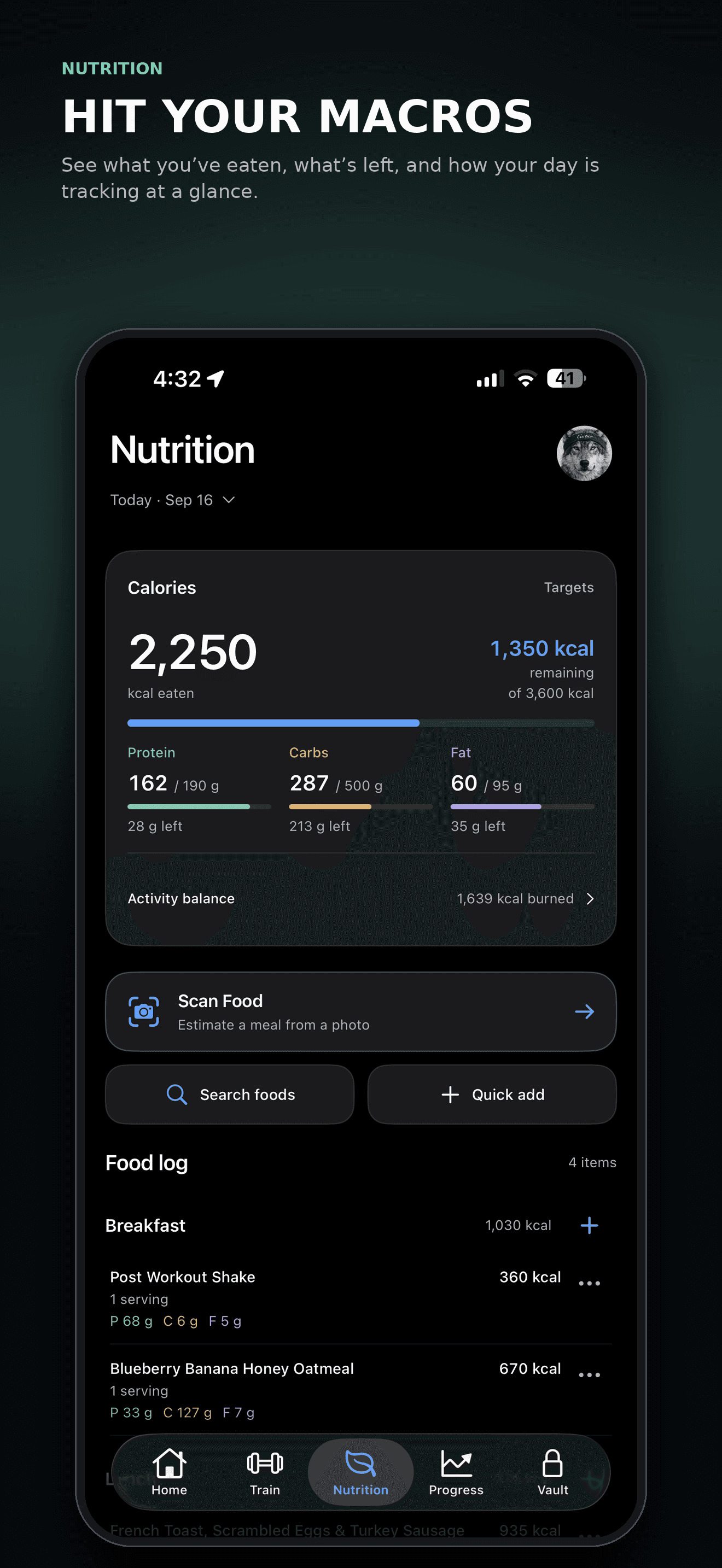 Omi nutrition dashboard showing calories, protein, carbs, fat targets, activity balance, and a food log