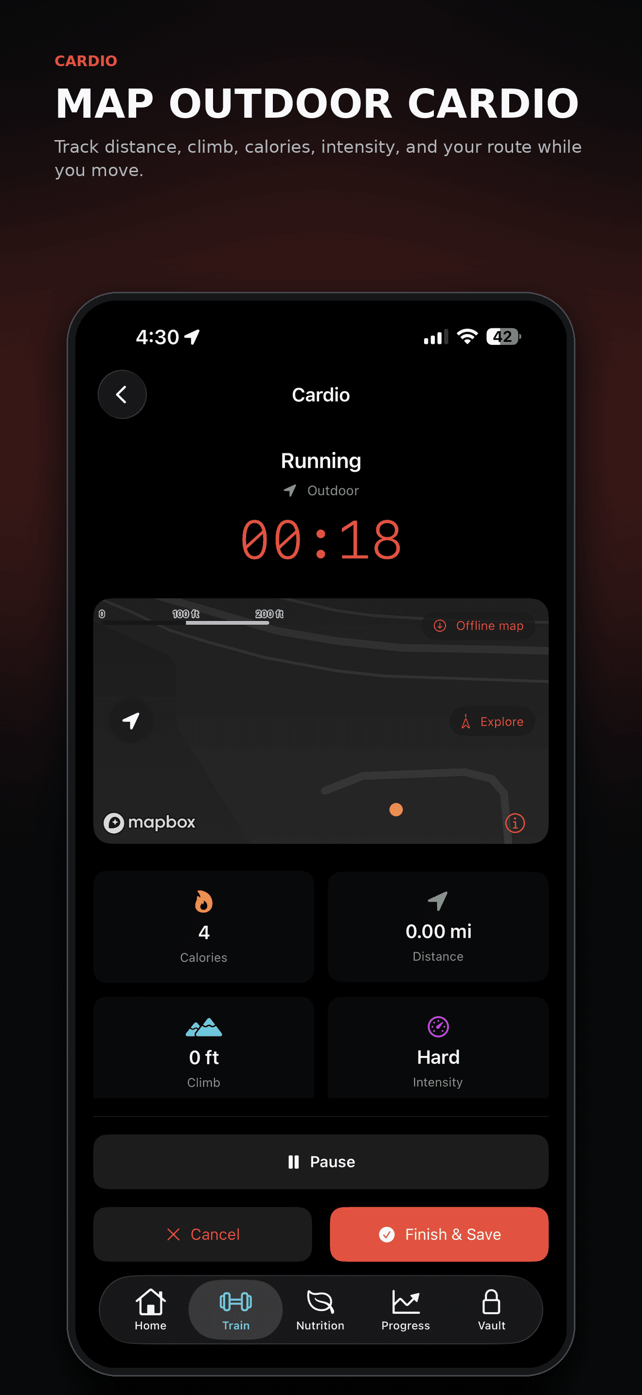 Omi outdoor running screen with a route map, timer, calories, distance, climb, and intensity