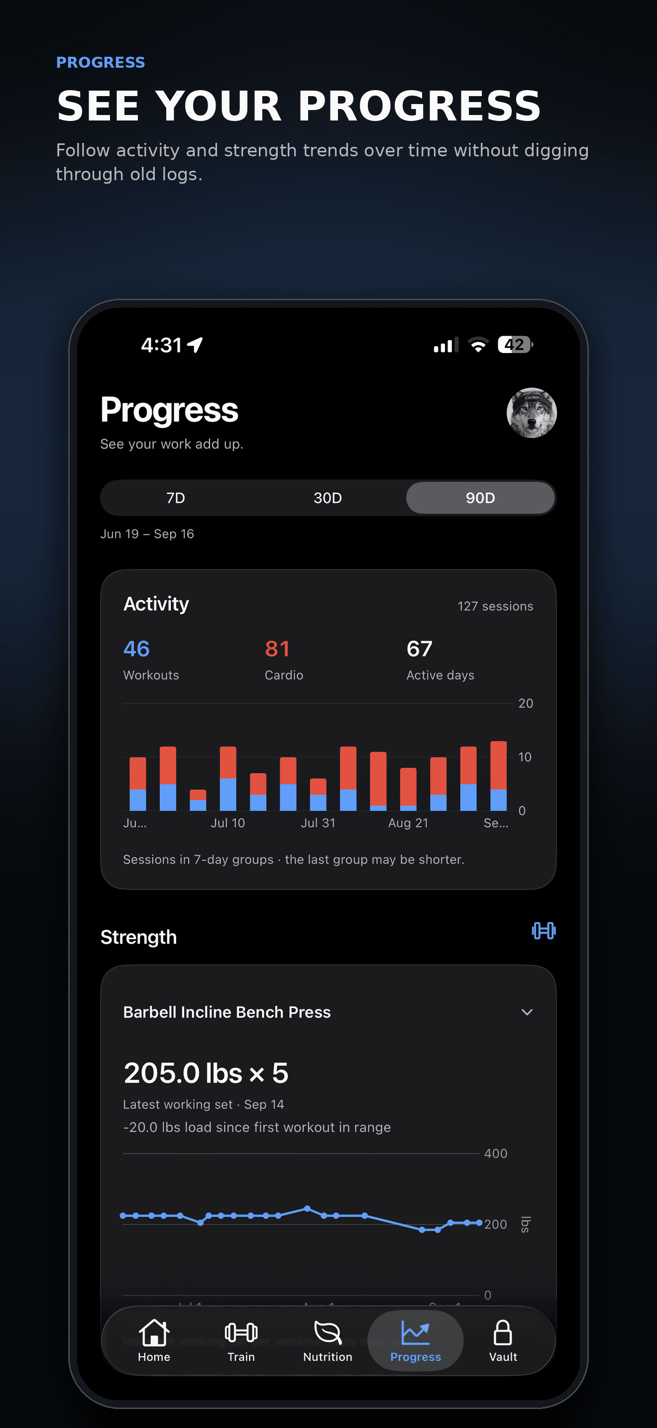 Omi progress screen showing activity sessions and a strength trend chart over a 90 day range