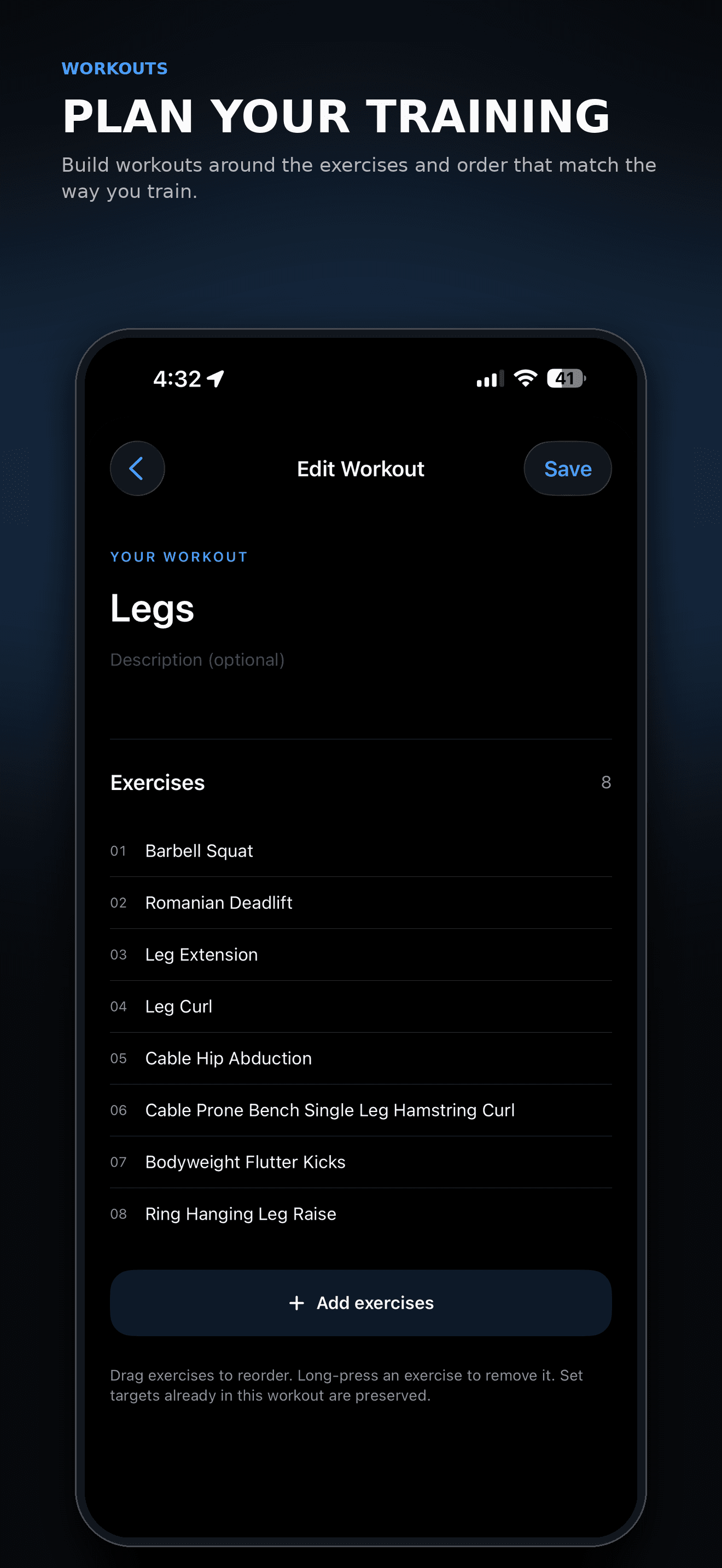 Omi workout editor showing a legs workout and an ordered list of eight exercises