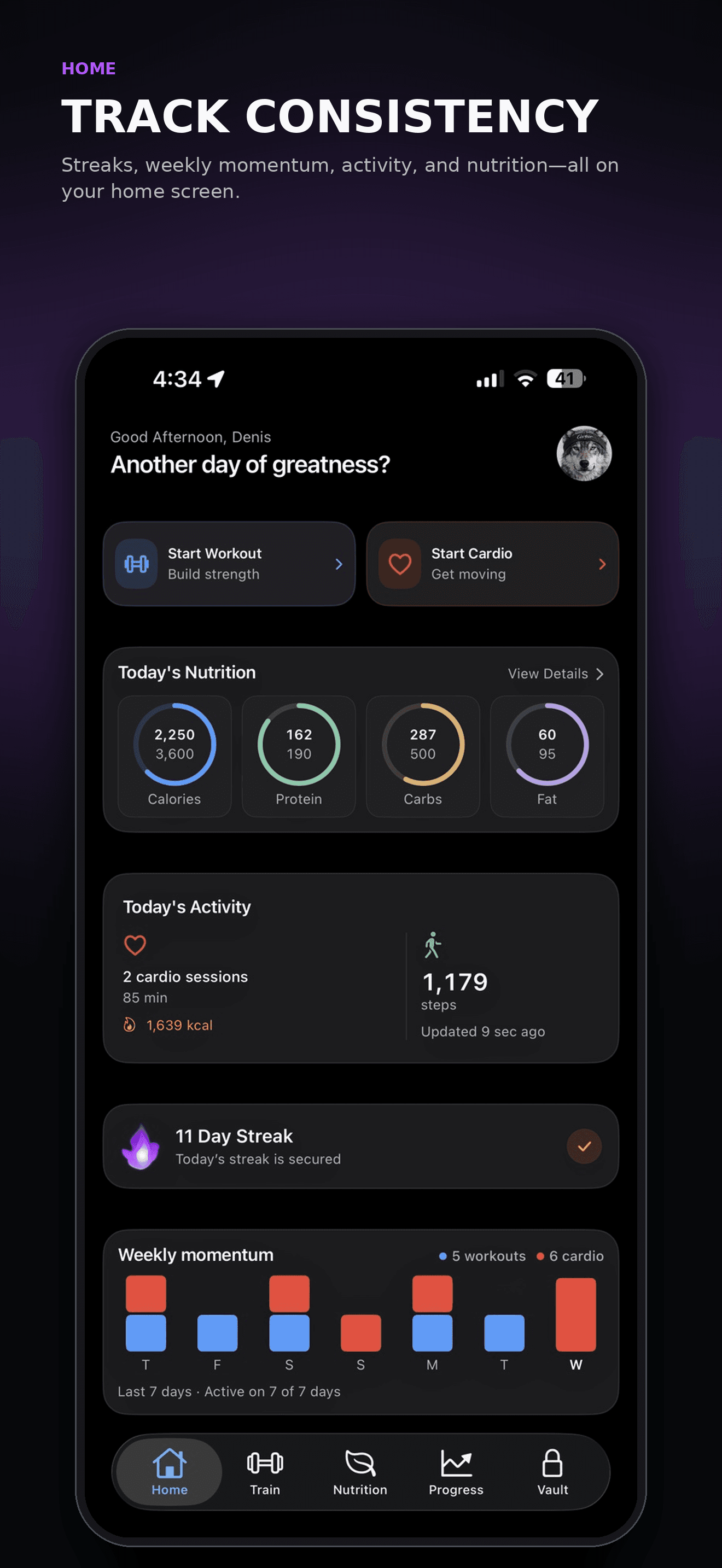 Omi home screen showing workout and cardio shortcuts, nutrition progress, activity, a streak, and weekly momentum