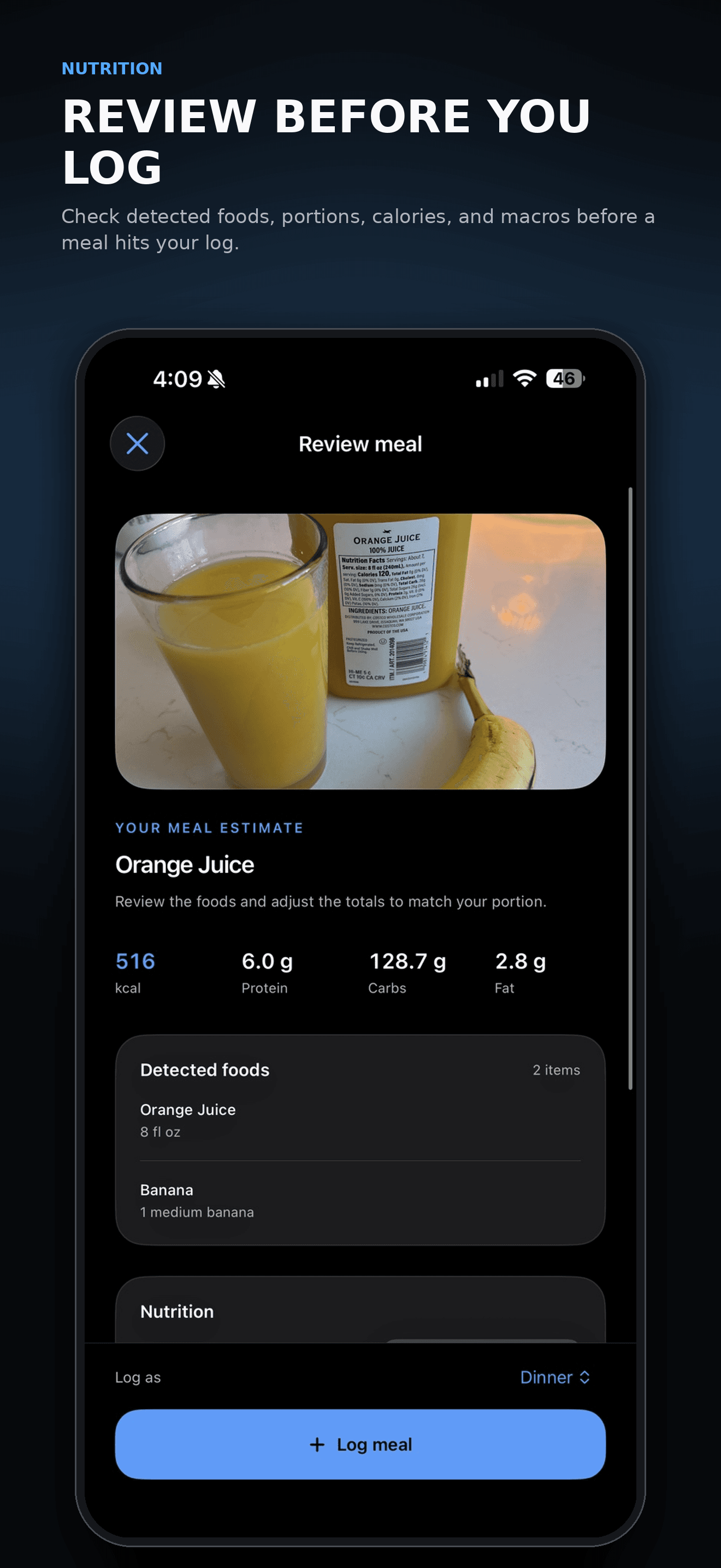 Omi meal review screen showing orange juice and banana with estimated calories, macros, and detected foods