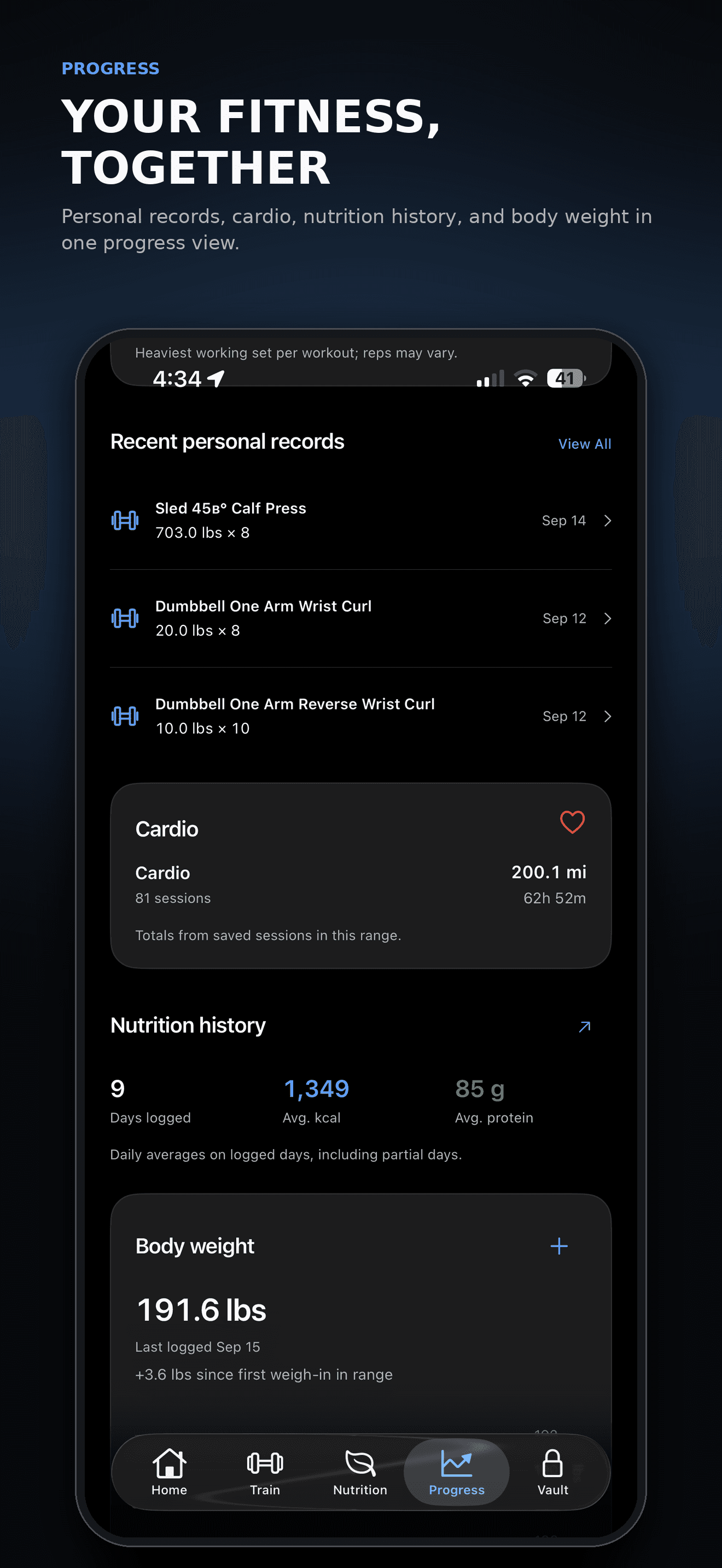 Omi progress screen showing personal records, cardio totals, nutrition history, and body weight