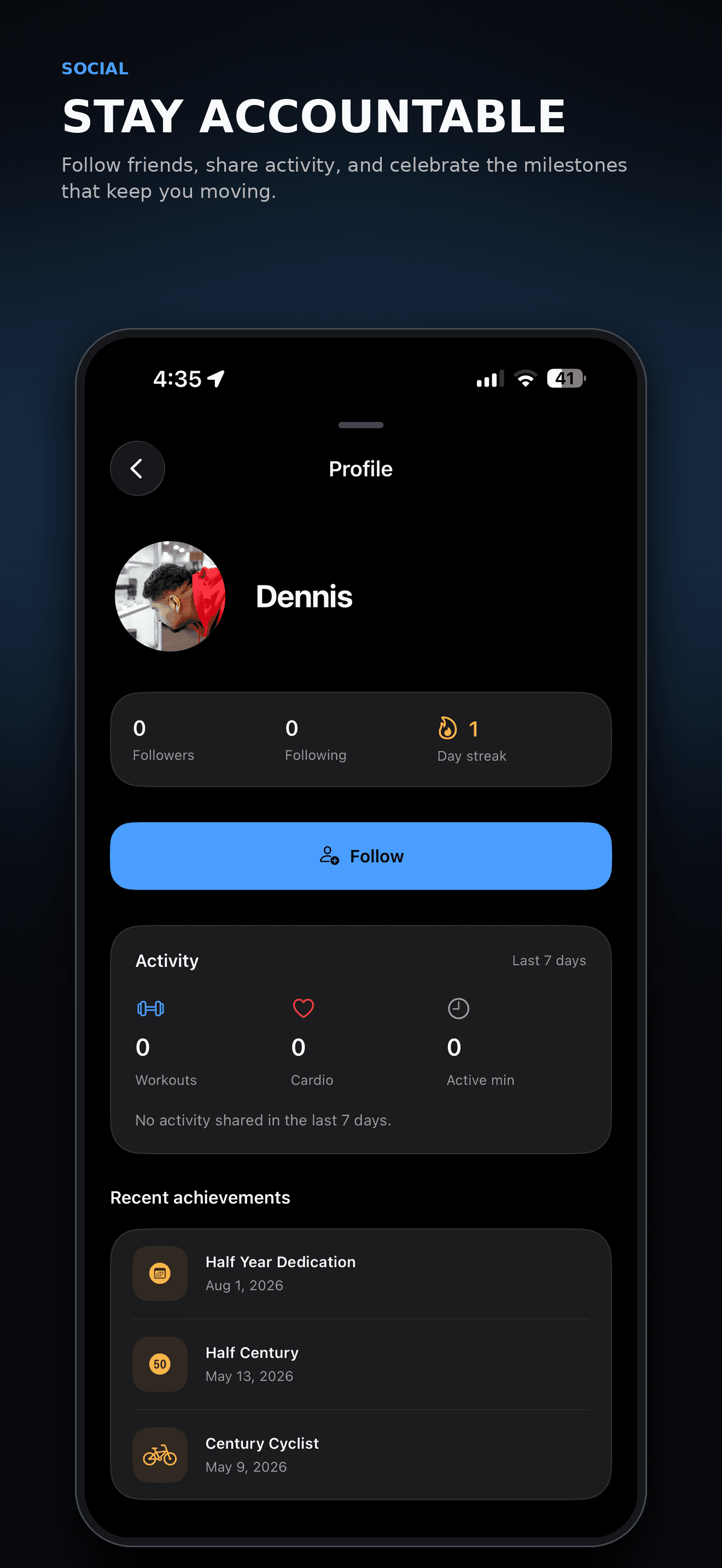 Omi social profile showing follow controls, recent activity, streak, and recent achievements