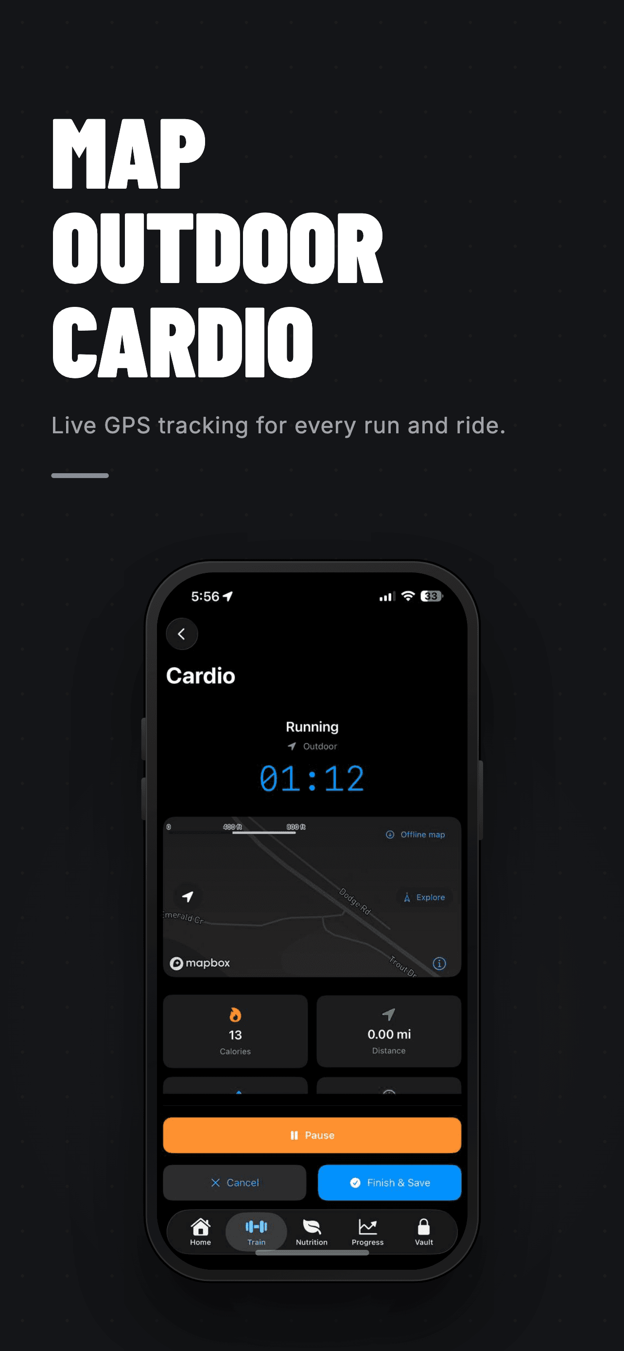 Omi outdoor cardio screen mapping a GPS-tracked route with live workout details