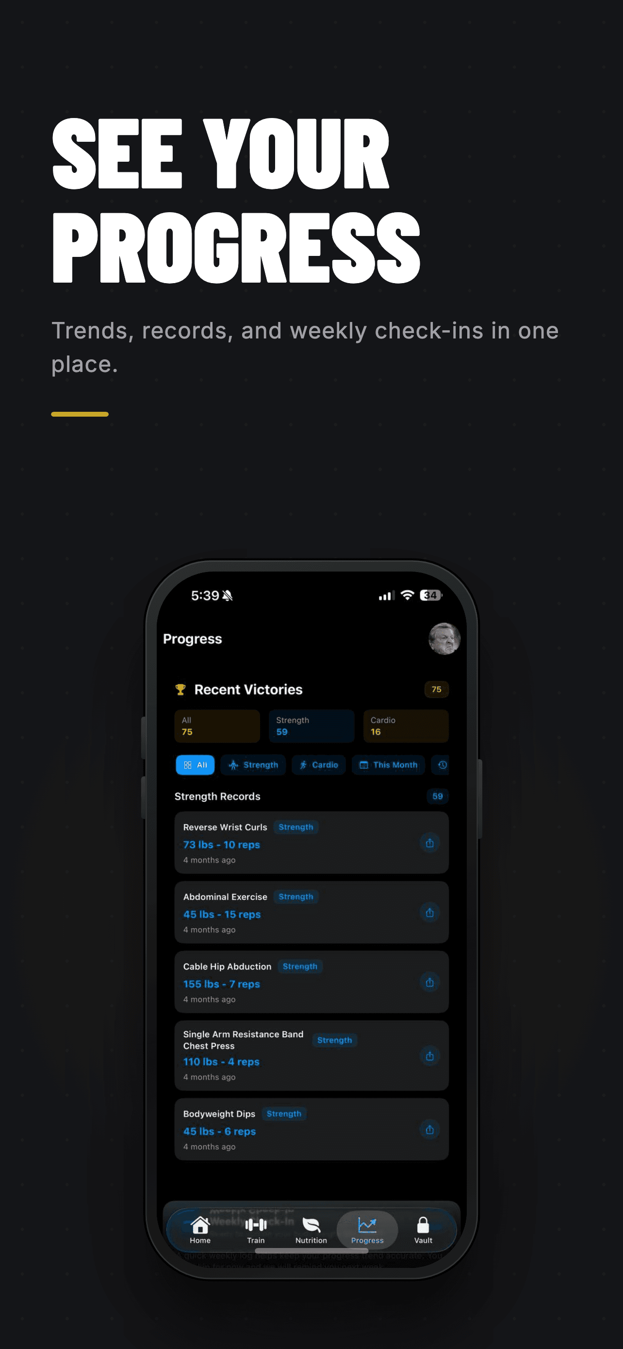 Omi progress screen showing recent strength and cardio records