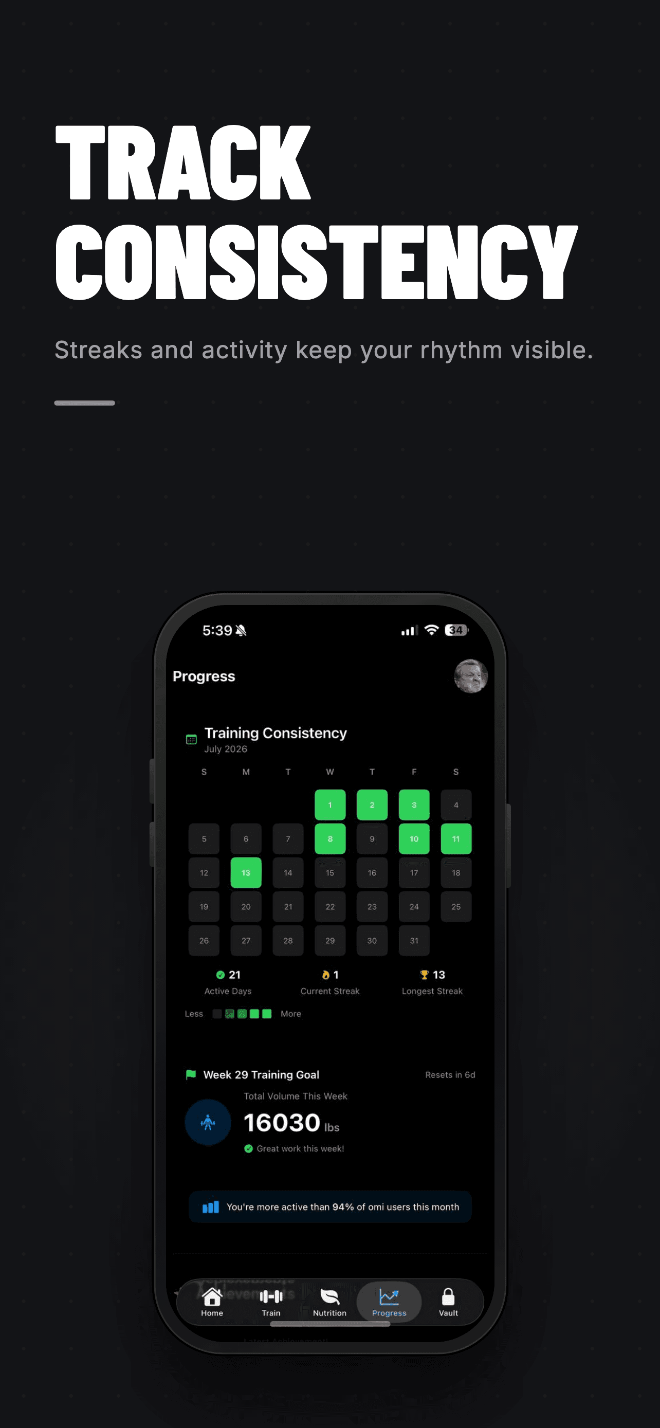 Omi consistency screen showing a calendar of completed fitness activity